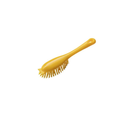 The HANDLE BRUSH WITH SHORT HANDLE PBT from Haug Bürsten KG is a yellow cleaning brush with a short handle and stiff PBT bristles, perfect for stubborn dirt. Depicted on a white background.