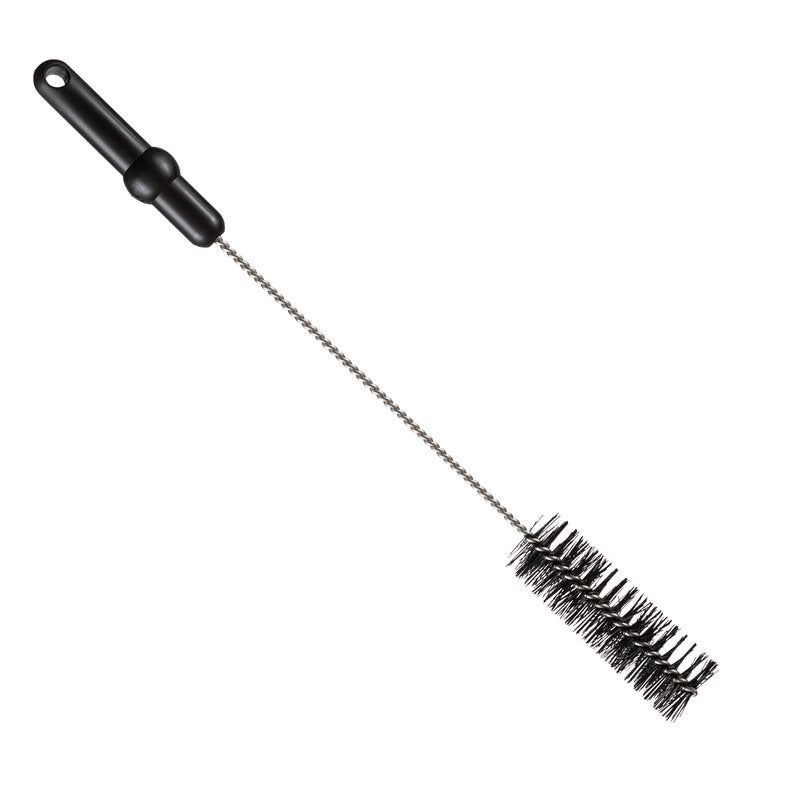 Die ROHRBÜRSTE, ø 0,50MM MITTEL, 500Xø40MM von Haug Bürsten KG hat einen schwarzen Kunststoffgriff, einen gedrehten Metallschaft und dichte zylindrische schwarze Borsten - ideal als Rohrreinigungsbürste. Abgebildet isoliert auf weißem Hintergrund.