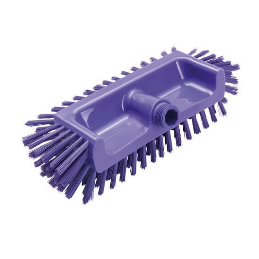 Der ECKENSCHRUBBER ø0,50MM MITTEL von Haug Bürsten KG (320x125x40-50mm) ist ein violetter eckiger Schrubber mit festen Kantenborsten und zentralem Gewindeloch - ideal zur Reinigung schwer erreichbarer Ecken. Foto vor weißem Hintergrund.
