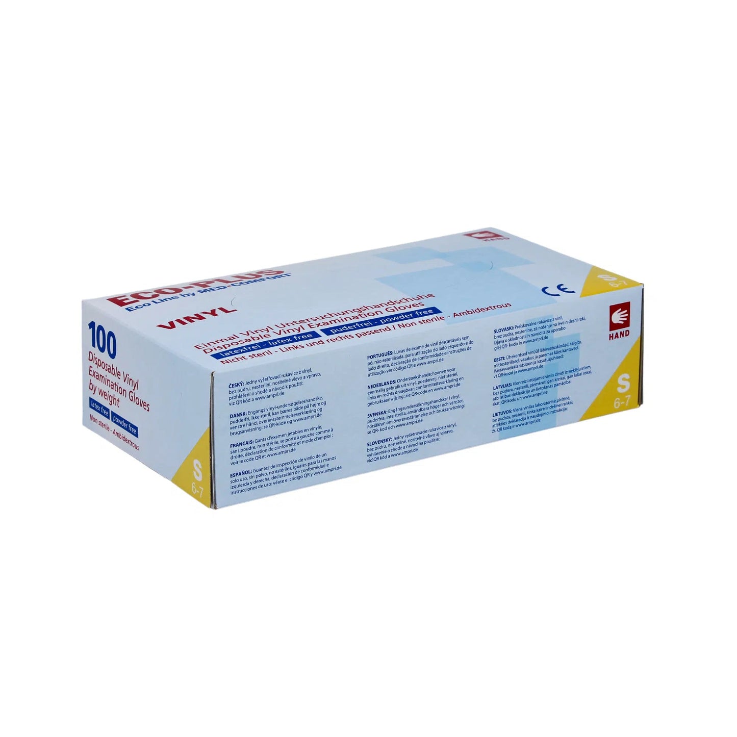 Eine Schachtel mit 100 puderfreien Einmalhandschuhen aus Vinyl von AMPri Handelsgesellschaft mbH. Die überwiegend weiße Schachtel enthält blauen und roten Text mit Produktinformationen, Größe S (6-7) und einem orangefarbenen Handsymbol. Sie ist auf einem schlichten weißen Hintergrund abgebildet.