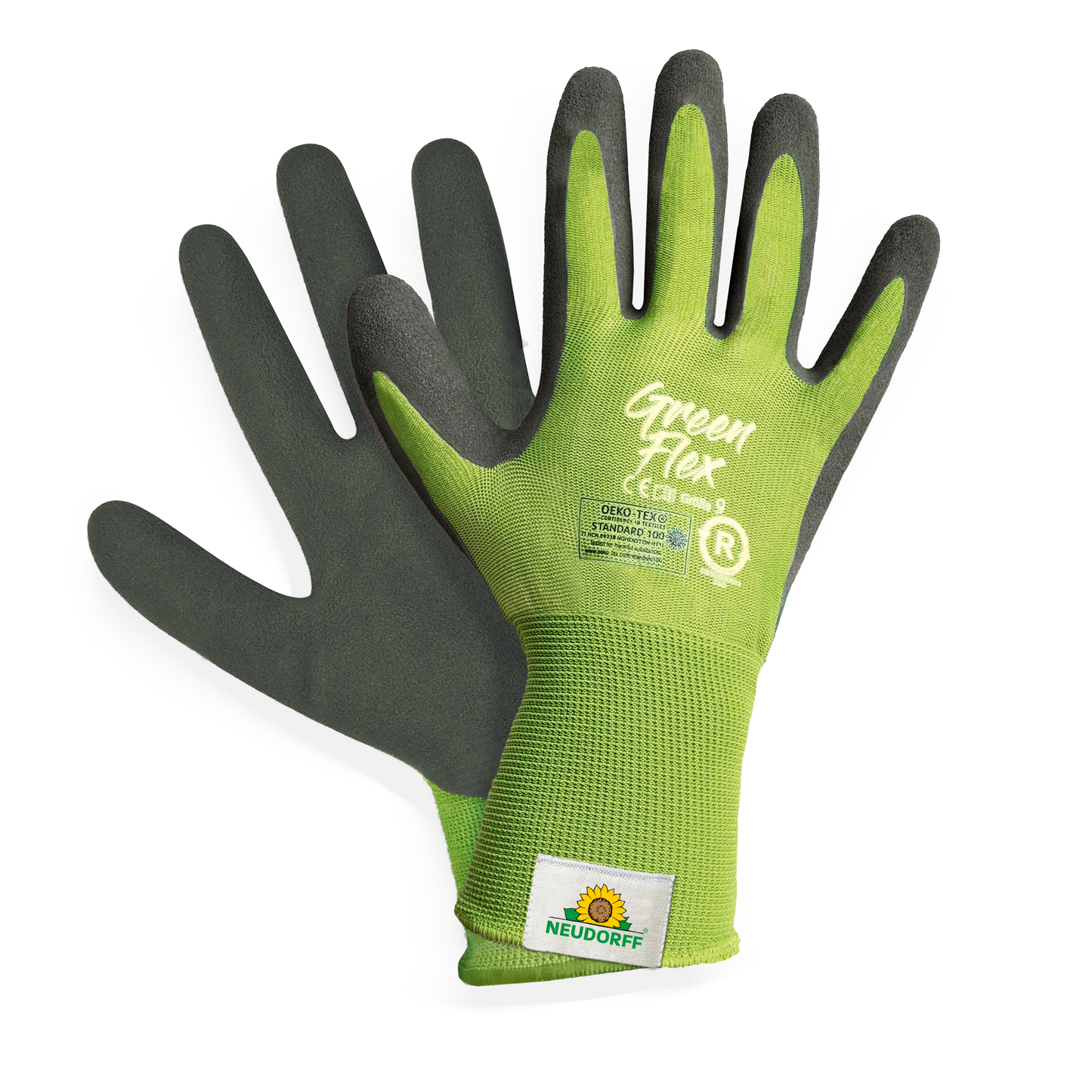 Ein Paar nachhaltige KIXX Handschuh Green Flex von Neudorff Shop in grün und schwarz, mit einem Sonnen- und Pflanzenlogo am Handgelenk, dargestellt auf weißem Hintergrund.