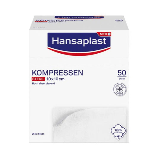 Eine Schachtel sterile Hansaplast Kompressen 10 x 10 cm von Beiersdorf AG – 25 x 2 Stück | Packung (50 Stück), mit hoher Saugfähigkeit und aus 100 % Baumwolle.