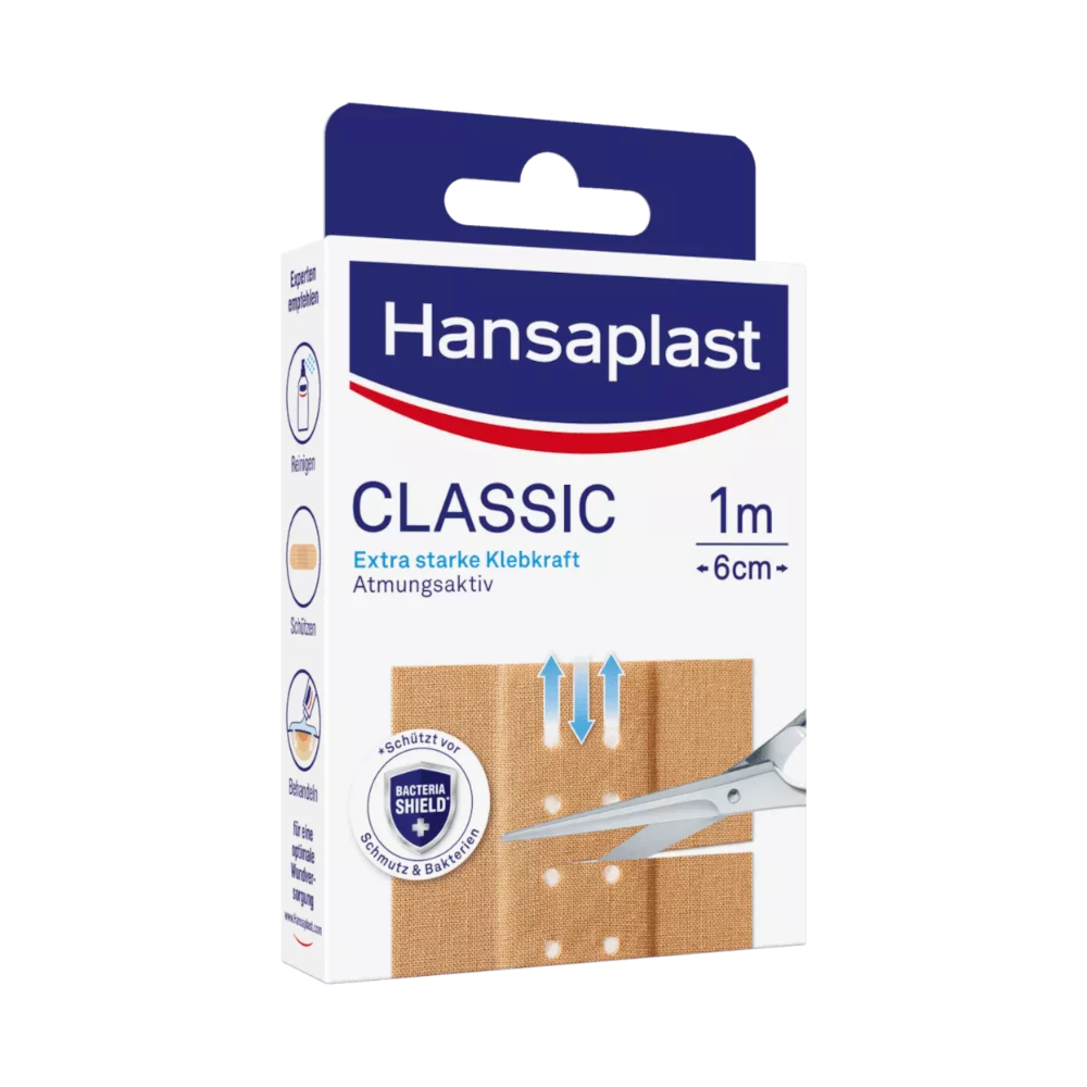 Eine Schachtel Hansaplast Classic Pflaster – verschiedene Größen, abgebildet ist eine 1 Meter lange, 6 cm breite atmungsaktive Wundschnellverbandrolle mit verbesserter Klebekraft und atmungsaktiven Eigenschaften von der Beiersdorf AG.