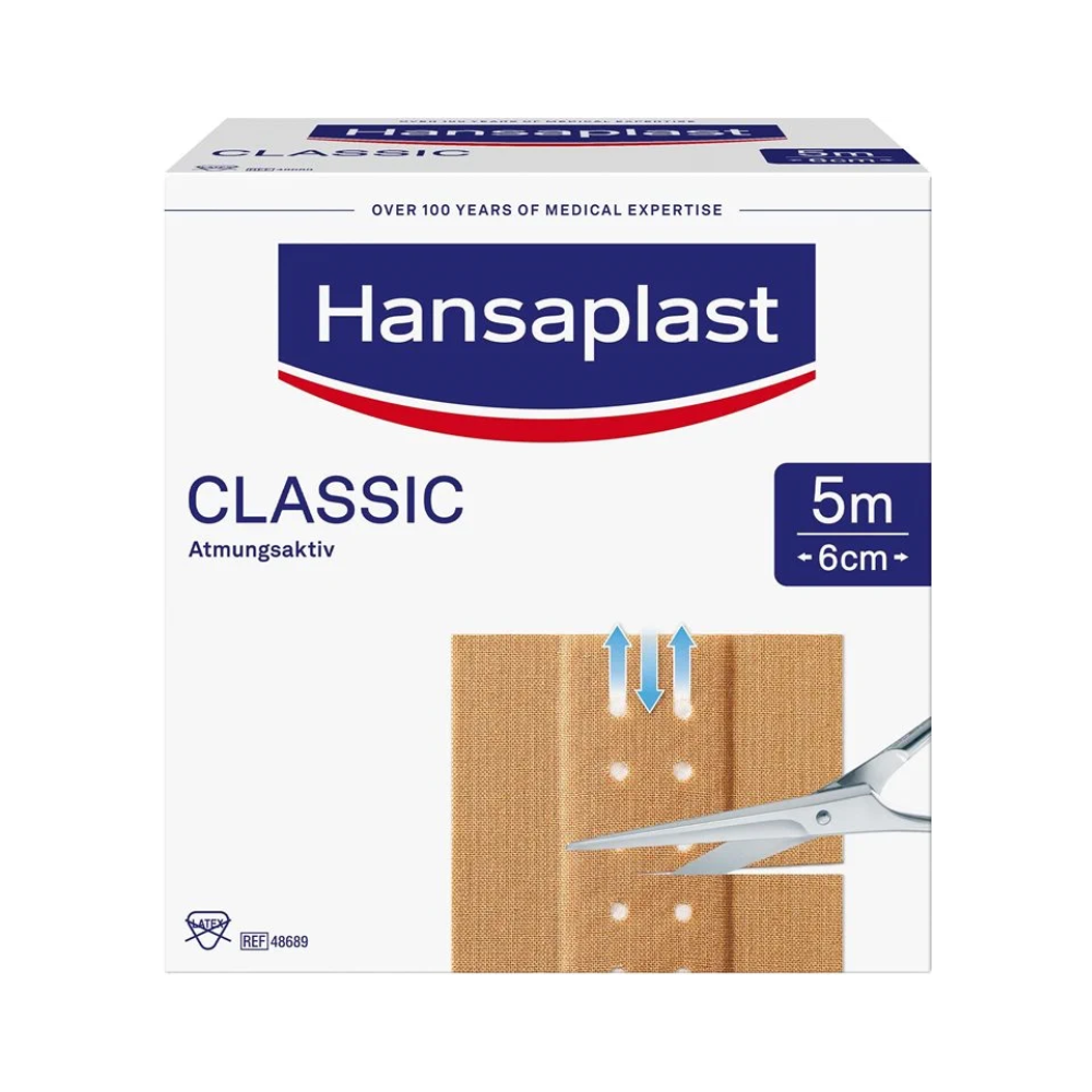 Schachtel mit Hansaplast Classic Pflastern der Beiersdorf AG mit dem Logo und der Abbildung eines „individuell zuschneidbaren“ atmungsaktiven Pflasters neben einer Schere, was die medizinische Kompetenz des Produkts unterstreicht