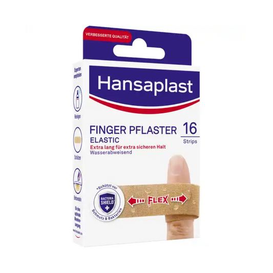 Eine Schachtel Hansaplast Elastic Fingerkuppenpflaster der Beiersdorf AG mit 16 wasserfesten Streifen, die für besonders festen Halt und verbesserte Qualität mit den Symbolen „Bakterienschutz“ und „Flex“ gekennzeichnet sind.