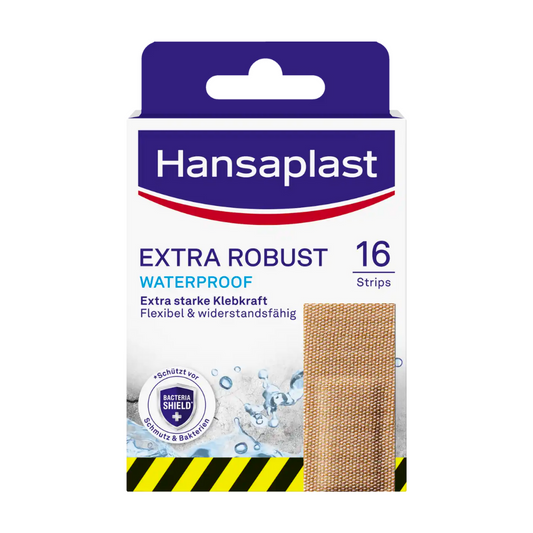 Eine Schachtel Hansaplast Extra Robust Waterproof Pflaster der Beiersdorf AG mit 16 Textil-Pflaster. Die Verpackung betont die starke Klebekraft, Flexibilität und Widerstandsfähigkeit der Pflaster mit Hi-DRY TEX-Techn