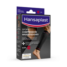 Eine Schachtel mit Auslaufartikel: Hansaplast Sport Compression Waden Sleeves, Größe L/XL (1 Paar) von Beiersdorf AG zeigt ein Foto von schwarzen Ärmeln auf Beinen und deutschen Text. Entworfen für die Regeneration der Muskeln und aufrecht vor einem weißen Hintergrund dargestellt.