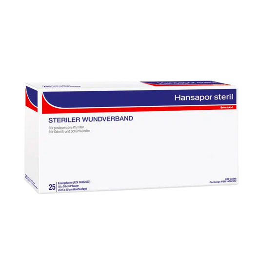 Eine Schachtel steriler Hansapor-Heftpflaster der Beiersdorf AG, die 25 sterile Wundauflagen von Atem enthält. Die Verpackung ist überwiegend weiß mit roten und blauen Akzenten.
