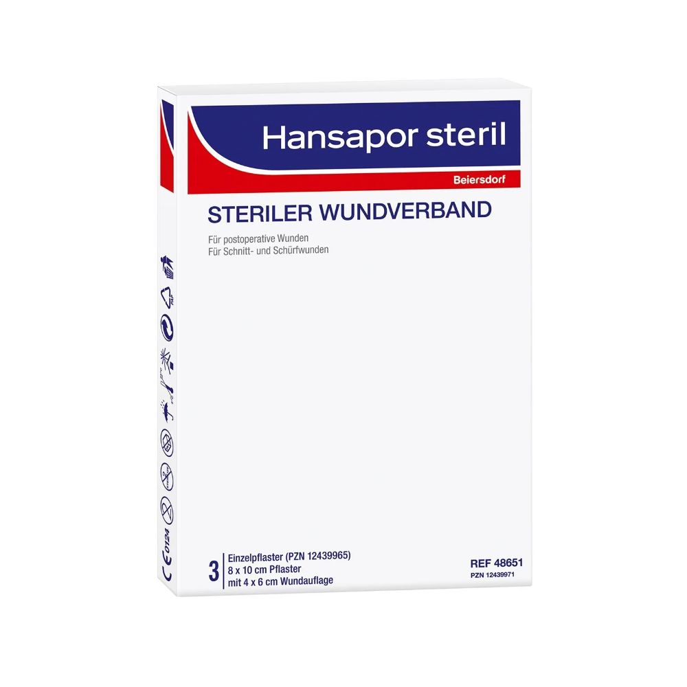 Box with sterile wound dressings Hansapor sterile for cuts by Beiersdorf AG, in blue-white design with German text, product specifications, and company logo.