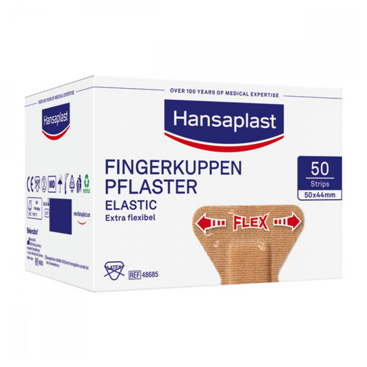 Eine Schachtel Beiersdorf AG Hansaplast Elastic Fingerkuppenpflaster 5 x 4,4 cm – 50 Stück | Packung (50 Stück) flexible Pflaster, die für Fingerkuppen entwickelt wurden. Die Verpackung ist weiß und blau, enthält 50 Streifen und trägt das Hansaplast-Logo.