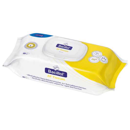 Eine Packung BODE Bacillol® AF Tissues Alkoholische Desinfektionstücher, enthaltend 80 alkoholische Desinfektionstücher zur Oberflächendesinfektion, präsentiert in einer weiß-gelben Kunststoffverpackung mit wiederverschließbarem Deckel von der Paul Hartmann AG.