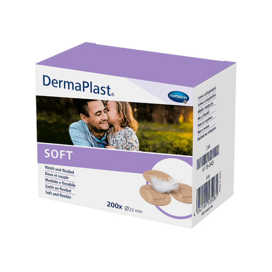 Eine Schachtel Hartmann DermaPlast® SOFT Pflaster mit 200 Stück, je 22 mm breit, für empfindliche Haut. Die Verpackung ist mit einem Liebespaar und einem Text versehen, der auf die Paul Hartmann AG hinweist.