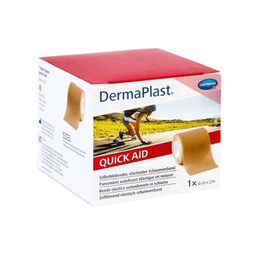 Produktverpackung für den Hartmann DermaPlast® Quick Aid selbstklebenden Schaumverband, 6 cm x 2 m, der Paul Hartmann AG. Die Verpackung zeigt Bilder des Bandes und einer Läuferin, die es auf ihrem Knie verwendet.