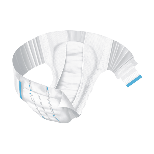 Eine Erwachsenenwindel aus der Hartmann MoliCare® Premium Elastic-Linie der Paul Hartmann AG mit weißem und blauem Design wird in einer geschwungenen Anordnung auf weißem Hintergrund dargestellt, wodurch ihre saugfähigen und flexiblen Eigenschaften hervorgehoben werden.