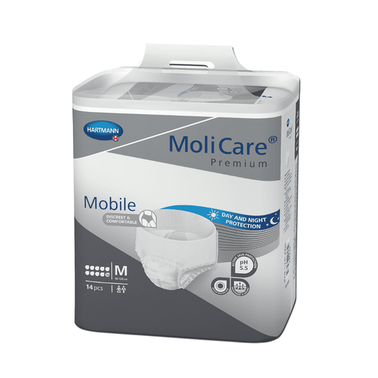 Eine Packung Hartmann MoliCare® Premium Mobile Inkontinenzpants für Erwachsene in Größe Medium, bestehend aus 14 Stück mit Tag- und Nachtschutz und Auslaufschutz, präsentiert in einem überwiegend grau-weißen Karton.