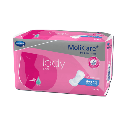 Ein Produktbild einer Packung MoliCare® Premium Lady-Pads von Paul Hartmann AG, die 14 Stück enthält. Die Packung ist hauptsächlich rosa und mit Bildern der Pads und beschreibenden Symbolen versehen.