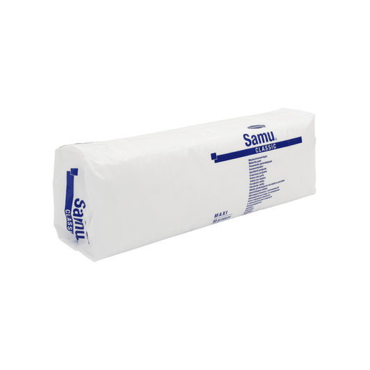 Eine versiegelte, weiße Kunststoffverpackung mit Einweghandschuhen Hartmann Samu® Classic Maxi Wöchnerinnen Vorlage von Paul Hartmann AG. Das Produktetikett enthält blauen Text und Markenzeichen mit zusätzlichen Produktinformationen.