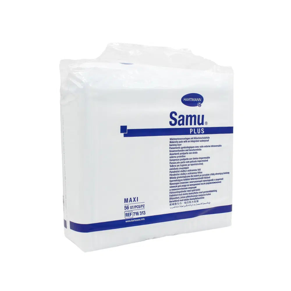 A sealed package of Hartmann Samu® Plus Maxi Maternity Pads from Paul Hartmann AG (56 pieces), ideal for the secure protection of laundry, is delivered in transparent foil packaging with blue product information on the front.