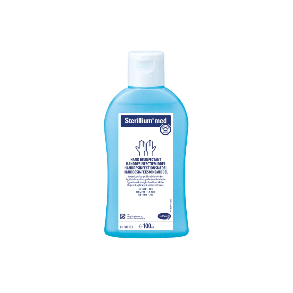 A bottle of Sterillium® med hand disinfectant from Paul Hartmann AG. The bottle is blue with a white label featuring application instructions and logos. It is a 100ml container emphasizing the medical aspect.