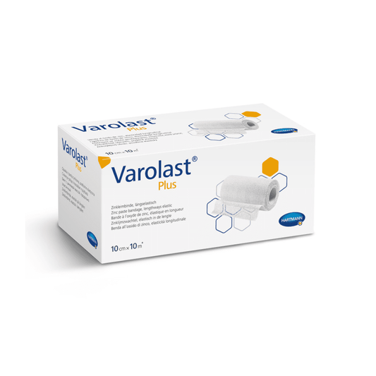 Eine Schachtel Hartmann Varolast® Plus Zinkleimbinde von Paul Hartmann AG, mit einer Seitenansicht des Produkts mit Beschreibungen in mehreren Sprachen auf weißem Hintergrund.