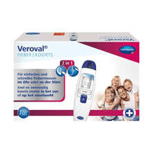 Die Paul Hartmann AG Auslaufartikel: Veroval® 2in1 Infrarot-Fieberthermometer zeigt die Produktabbildung, einen deutschen und niederländischen Text über Ohr- und Stirnmessung, ein Hartmann-Logo und eine lächelnde vierköpfige Familie auf der rechten Seite.