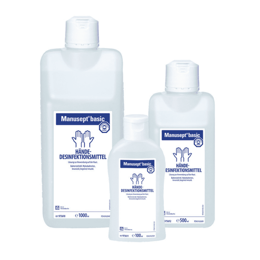 Drei Flaschen Hartmann Manusept® basic Händedesinfektionsmittel auf Ethanolbasis in unterschiedlichen Größen, angeordnet in abnehmender Volumenreihenfolge von links nach rechts. Jede Flasche ist blau-weiß beschriftet.