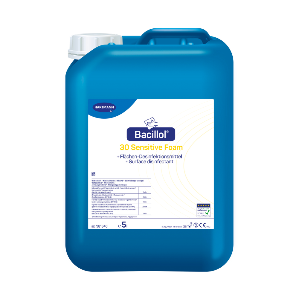 Ein blauer Kunststoffbehälter mit Beschriftung für Hartmann Bacillol® 30 Sensitive Foam Schnelldesinfektionsmittel, ein empfindliches Flächendesinfektionsmittel. Der Behälter fasst 5 Liter Flüssigkeit. (Markenname: Paul Hartmann AG)