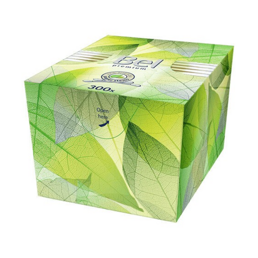 Ein quadratischer Karton Hartmann Bel Premium Wattestäbchen mit einem grünen Blatt- und Aloe Vera-Muster, mit einem „300 ml“-Etikett auf der Oberseite und der Anweisung „Hier öffnen“.