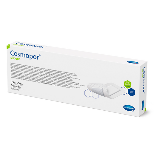 Verpackungsschachtel mit sterilem Silikon-Wundverband Hartmann Cosmopor®, die das Produkt und seine Spezifikationen, einschließlich Größe und Menge, zeigt. Die Schachtel ist überwiegend weiß mit blauen und grünen Akzenten.