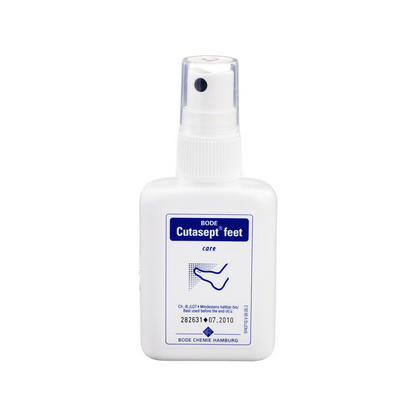 A small white spray bottle with the label "Hartmann Cutasept® Feet" from Paul Hartmann AG, designed for athlete's foot prophylaxis, with product details and a blue logo with one.