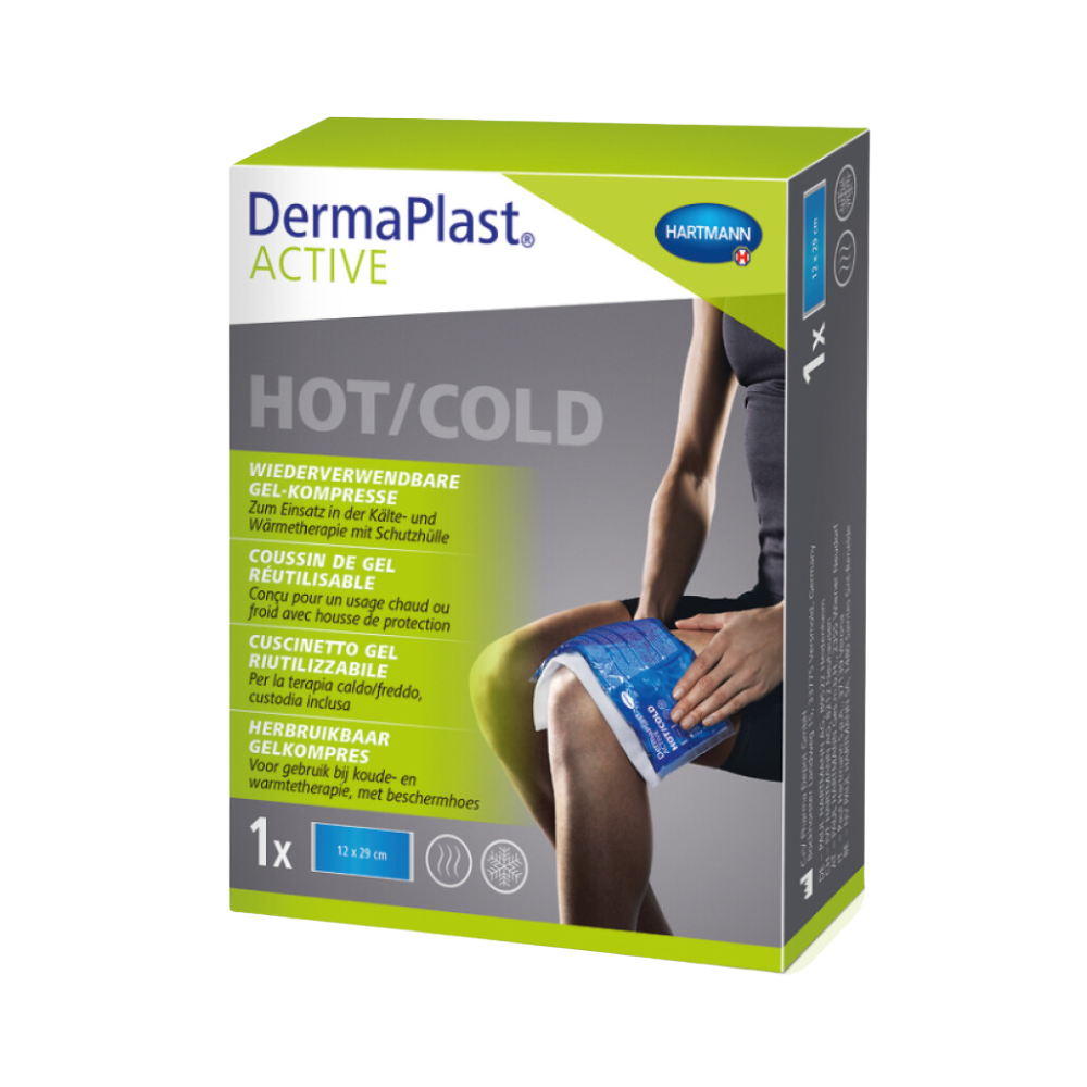 Packaging of the Hartmann DermaPlast® ACTIVE Hot/Cold, Gel Compress by Paul Hartmann AG, with an image of a person applying the compress to their thigh. The box contains text in several languages, emphasizing