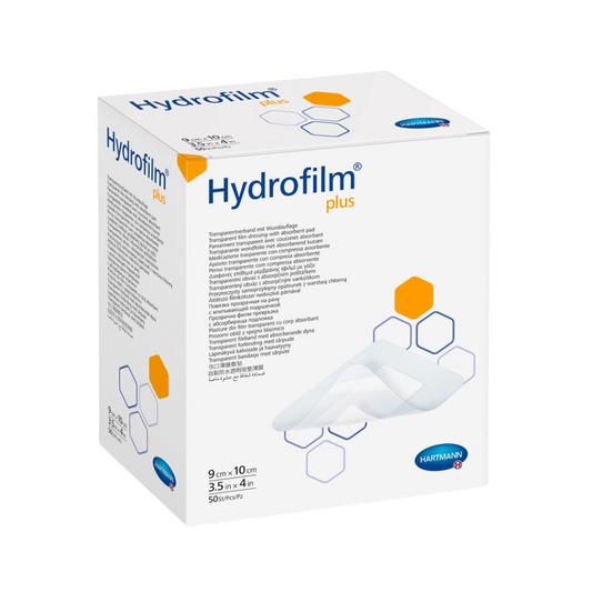 Eine Schachtel mit Wundverbänden Hartmann Hydrofilm® Plus Transparentverband der Paul Hartmann AG, mit Produkttext und -details, präsentiert mit einer Abbildung der Verbände an der Seite.