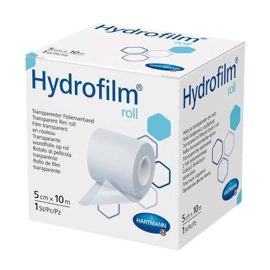 Eine Schachtel Hartmann Hydrofilm®-Rolle der Paul Hartmann AG, ein transparenter Heftfilmverband. Die Verpackung ist überwiegend weiß und hellblau gehalten und zeigt den Produktnamen, Anwendungsbilder und Größenangaben.