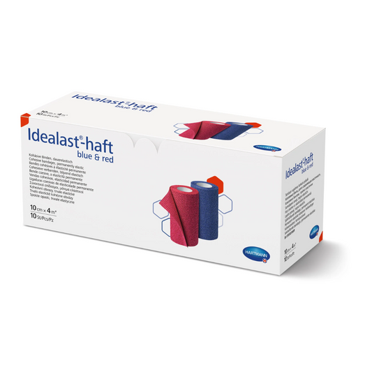 Eine Schachtel Hartmann Idealast®-haft Color-Binden in den Farben Blau und Rot, von der Seite gezeigt, mit Bildern und Beschreibungen der Binden auf der Verpackung. Das Logo der Paul Hartmann AG ist sichtbar.