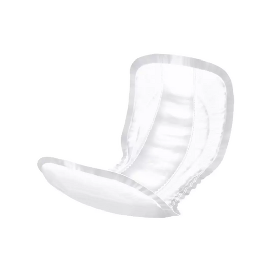 Eine weiße, selbstklebende MoliCare Form Night Damenbinde von Paul Hartmann AG mit Flügeln, abgebildet auf einem schlichten weißen Hintergrund. Die Binde ist leicht gebogen, um ihre dreidimensionale Form und die saugfähigen Schichten zu zeigen.