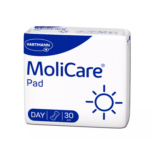 Eine Packung MoliCare Form Day Pads für Urininkontinenz mit 30 Stück. Die Verpackung ist überwiegend weiß mit blauen Akzenten und zeigt den Markennamen und Produktinformationen der Paul Hartmann AG.