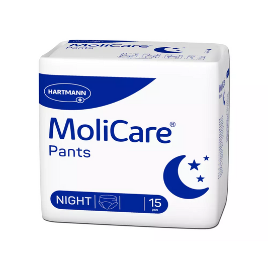 Eine Packung Hartmann MoliCare Pants Night Inkontinenzhosen - 30 Stück der Paul Hartmann AG, bestehend aus 15 Stück, konzipiert für die Verwendung in der Nacht mit auffälligem blau-weißem Branding und Mond- und Sternengrafiken.