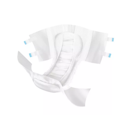Eine offene Erwachsenenwindel mit weißer Polsterung und blauen elastischen Seitenlaschen, konzipiert für schwerere Urin- und Stuhlinkontinenz, abgebildet auf weißem Hintergrund. Das Produkt ist die Hartmann MoliCare Slip Night Inkontinenzhose - 30 Stück der Paul Hartmann AG.