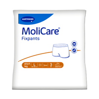 Front view of the MoliCare® Fixpants mesh pants for incontinence pads by Paul Hartmann AG, size L (80–120 cm), short leg length. Pack of 3 with fit and care symbols; the Paul Hartmann branding is visible on the packaging.