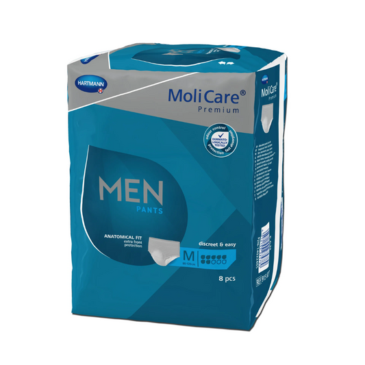 Eine Packung Hartmann MoliCare® Premium MEN PANTS Inkontinenzpants in mittlerer Größe, die 8 Inkontinenzpants enthält. Die Verpackung ist blau und weiß mit Text und Logos, die die Produkteigenschaften der Paul Hartmann AG beschreiben.