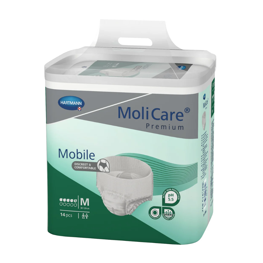 Eine Packung Hartmann MoliCare® Premium Mobile mittelgroße saugfähige Inkontinenzeinlagen, enthaltend 14 Stück, entwickelt für Komfort und Hautgesundheit, präsentiert in einer Schachtel mit Griffen.