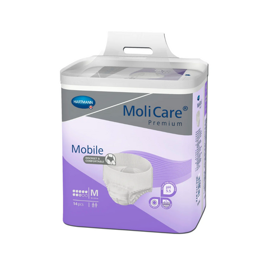 Eine Packung Hartmann MoliCare® Premium Mobile Inkontinenzpants Erwachsenenwindeln der Paul Hartmann AG in der Größe Medium mit 14 Stück. Die Verpackung ist lila und weiß und hat auf der Vorderseite ein Bild der Windel.