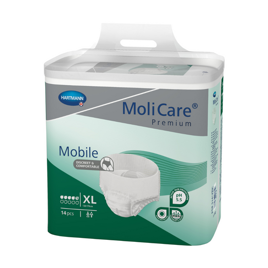 Eine Packung Hartmann MoliCare® Premium Mobile Inkontinenzslips für mittlere Inkontinenz in der Größe XL, enthaltend 14 Stück, mit Komfort und 5-Tropfen-S