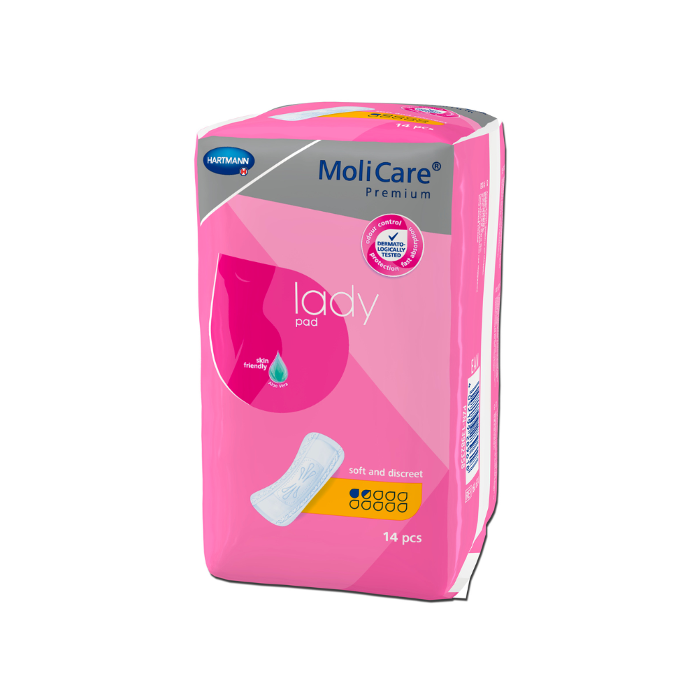 Eine rosafarbene Packung MoliCare Premium Lady Pads der Paul Hartmann AG mit Produktbild und Inhaltsangabe „weich und diskret“ enthält 14 Stück.