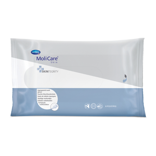 Eine Packung Hartmann MoliCare® Skin Feuchte Waschhandschuhe mit der Aufschrift „Skintegrity“. Die Packung ist überwiegend blau und weiß gehalten und hebt Merkmale wie Ganzkörperwaschmittel hervor.