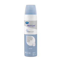 A 400-ml bottle of MoliCare® Skin cleansing foam by Paul Hartmann AG, featuring a blue-and-white label with multilingual text on a plain white background.