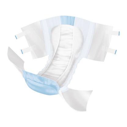 Image of an opened disposable baby diaper with blue and white outer edges, showing tabs on each side for fastening and a white absorbent pad in the center. The Hartmann MoliCare® extra+ incontinence slip 6 drops, unisex | pack (14 pieces), designed by Paul Hartmann AG, features high liquid absorption for excellent absorption as well as elastic leg cuffs and a blue waistband area.