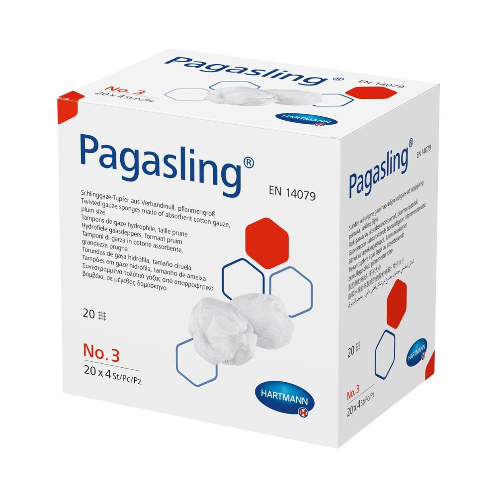 A box of Hartmann Pagasling® gauze swabs wound dressings, in white-blue design with product information and images of gauze compresses according to dressing gauze EN 14079. The packaging