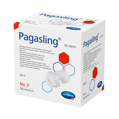 A box of Hartmann Pagasling® gauze swabs wound dressings, in white-blue design with product information and images of gauze compresses according to dressing gauze EN 14079. The packaging