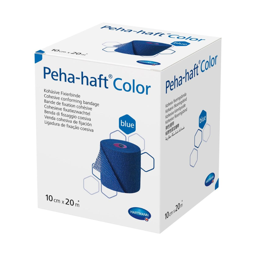 Eine Schachtel mit Paul Hartmann AG Hartmann Peha-haft Color elastische Fixierbinde blau, 10 cm x 20 m, auf weißem Hintergrund. Die Schachtel enthält Text und Grafiken, die beschreiben